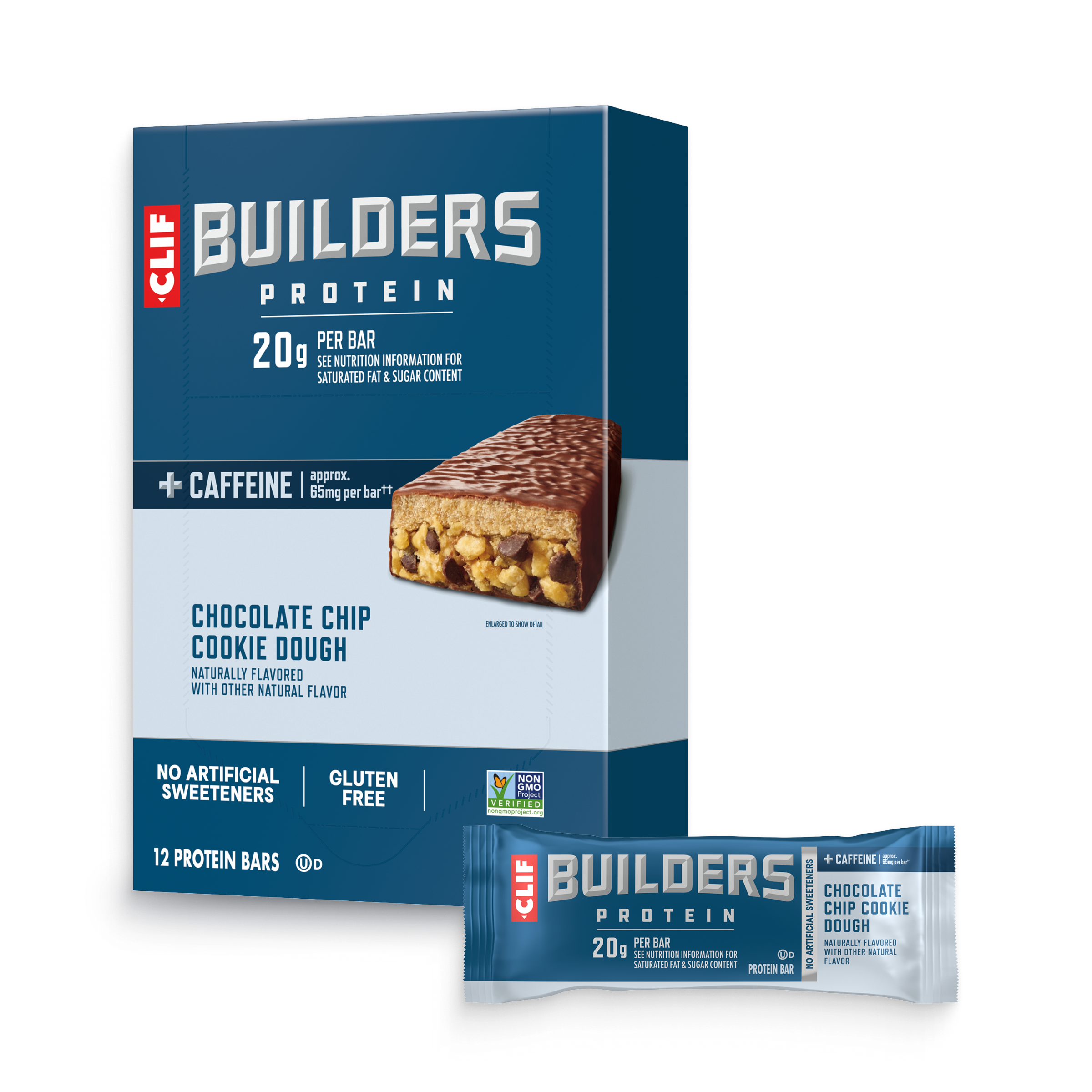 CLIF + Caffeine Chocolate Chip Cookie Dough Flavor Plant Based Protein Bars T0